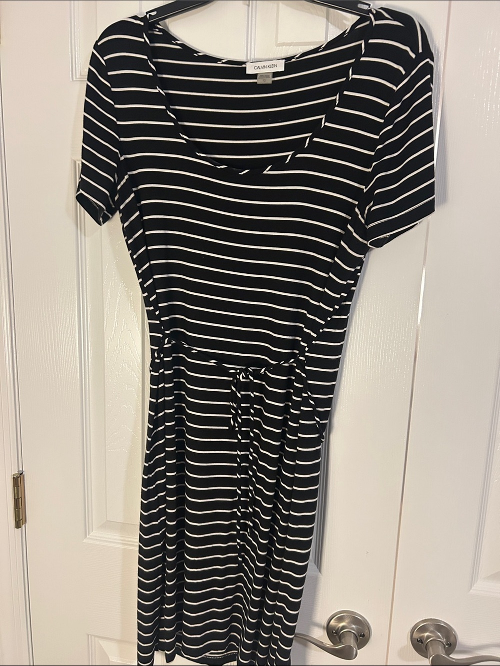 Calvin Klein Black and White Stripe Tie-Waist Short Sleeve Dress